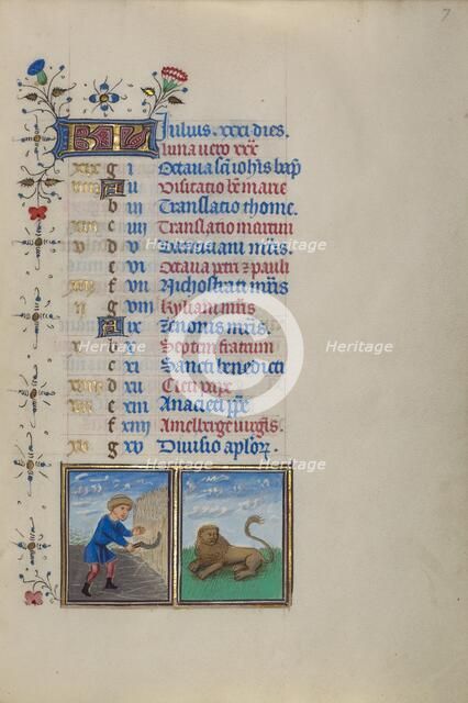 Calendar Page for July: Reaping: Leo; Book of Hours, about 1450-1455. Creator: Master of the Lee Hours.