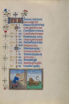 Calendar Page for July: Reaping: Leo; Book of Hours, about 1450-1455. Creator: Master of the Lee Hours