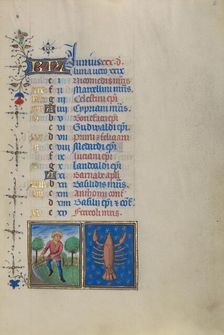 Calendar Page for June: Mowing: Cancer; Book of Hours, about 1450-1455. Creator: Master of the Lee Hours
