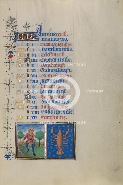 Calendar Page for June: Mowing: Cancer; Book of Hours, about 1450-1455. Creator: Master of the Lee Hours.