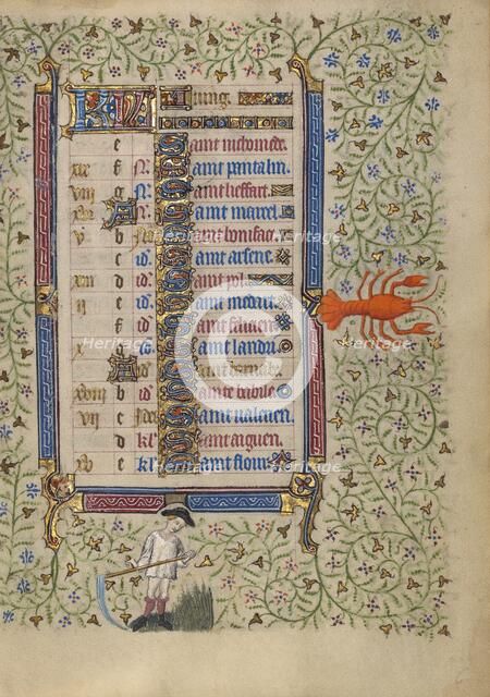 Calendar Page for June: Mowing: Cancer; Book of Hours, about 1410. Creator: Unknown.