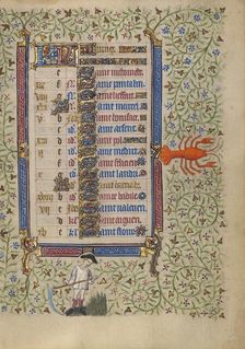 Calendar Page for June: Mowing: Cancer; Book of Hours, about 1410. Creator: Unknown