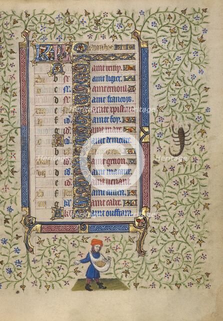 Calendar Page for October: Sowing: Scorpio; Book of Hours, about 1410. Creator: Unknown.