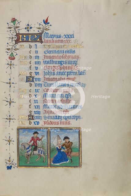 Calendar Page for May: Hawking and Courting: Gemini; Book of Hours, about 1450-1455. Creator: Master of the Lee Hours.