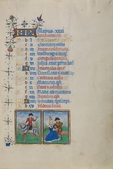 Calendar Page for May: Hawking and Courting: Gemini; Book of Hours, about 1450-1455. Creator: Master of the Lee Hours