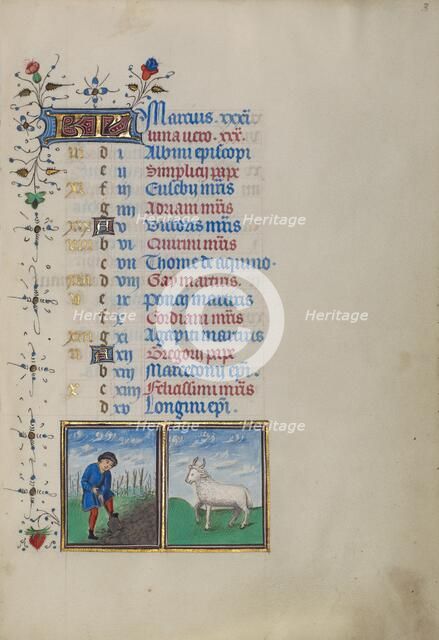 Calendar Page for March: Digging: Aries; Book of Hours, about 1450-1455. Creator: Master of the Lee Hours.