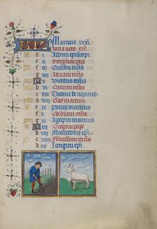 Calendar Page for March: Digging: Aries; Book of Hours, about 1450-1455. Creator: Master of the Lee Hours