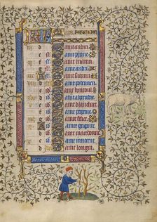 Calendar Page for March: Pruning Trees: Aries; Book of Hours, about 1410. Creator: Unknown