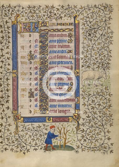 Calendar Page for March: Pruning Trees: Aries; Book of Hours, about 1410. Creator: Unknown.