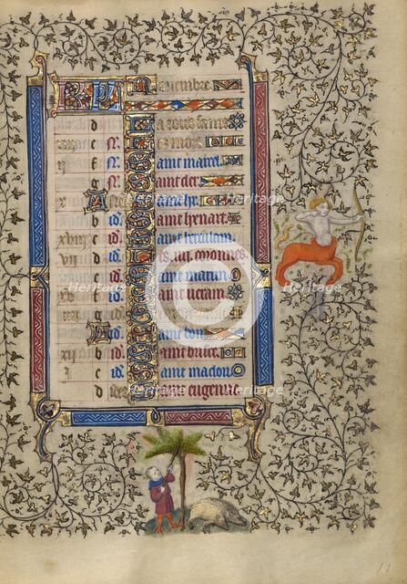 Calendar Page for November: Gathering Acorns for Pigs: Sagittarius; Book of Hours, about 1410. Creator: Unknown.