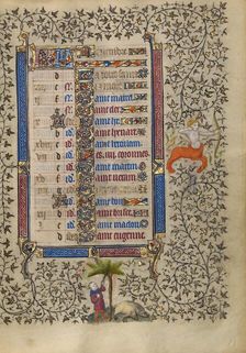 Calendar Page for November: Gathering Acorns for Pigs: Sagittarius; Book of Hours, about 1410. Creator: Unknown