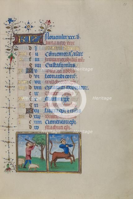 Calendar Page for November: Gathering Acorns for Pigs: Sagittarius; Book of Hours, about 1450-1455. Creator: Master of the Lee Hours.