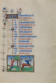 Calendar Page for November: Gathering Acorns for Pigs: Sagittarius; Book of Hours, about 1450-1455. Creator: Master of the Lee Hours