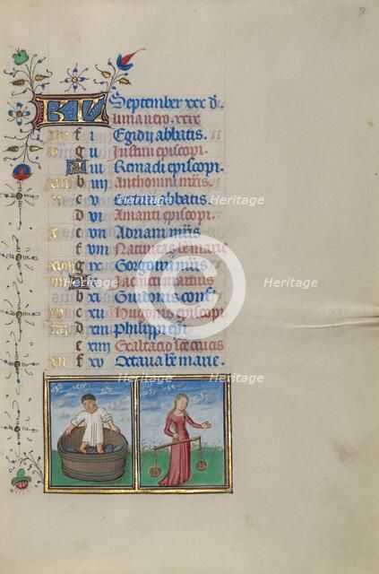 Calendar Page for September: Making Wine: Libra; Book of Hours, about 1450-1455. Creator: Master of the Lee Hours.