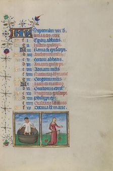 Calendar Page for September: Making Wine: Libra; Book of Hours, about 1450-1455. Creator: Master of the Lee Hours