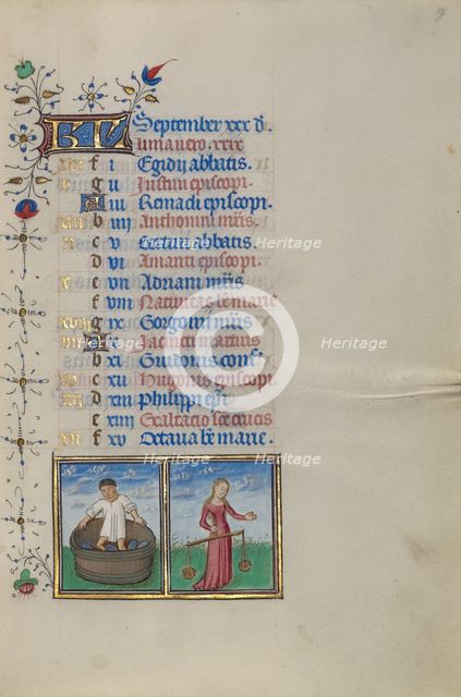 Calendar Page for September: Making Wine: Libra; Book of Hours, about 1450-1455. Creator: Master of the Lee Hours.