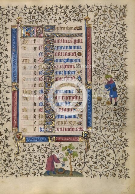 Calendar Page for September: Harvesting Grapes: Libra, about 1410. Creator: Unknown.