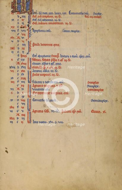 Calendar Page; Missal, begun after 1234-completed before 1262. Creator: Unknown.