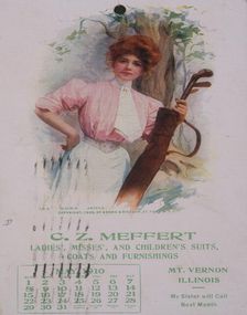 Calendar with golfing theme, American, 1910