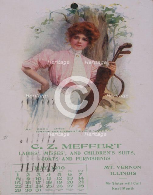 Calendar with golfing theme, American, 1910. Artist: Unknown