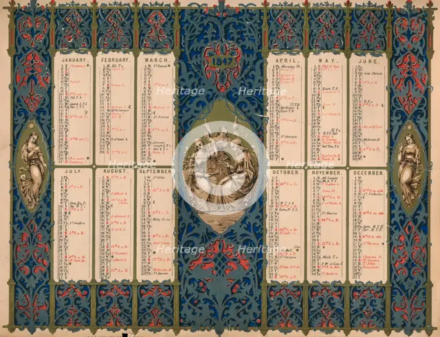 Calendar with saints' days and royal birthdays, 1847. Creator: M & N Hanhart.