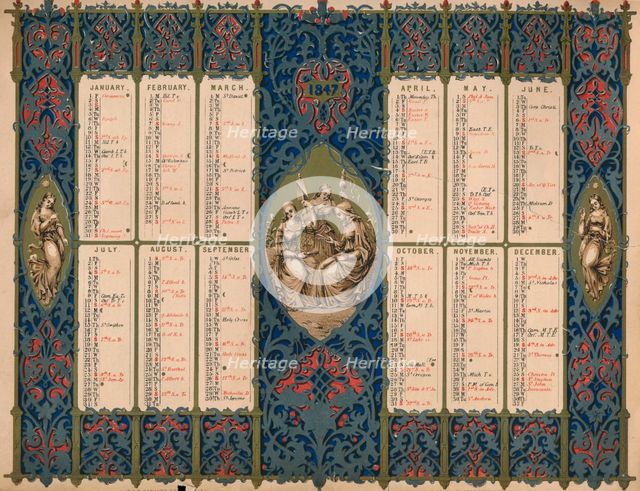 Calendar with saints' days and royal birthdays, 1847. Creator: M & N Hanhart.