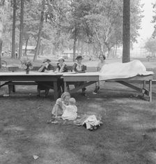 "California Day," a picnic in town park on the Rogue River, Grants Pass, Oregon, 1939. Creator: Dorothea Lange