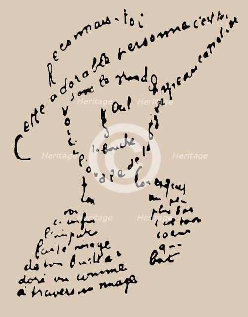 Calligram: "Reconnais-toi", poem to Louise de Coligny-Chatillon, February 9, 1915, 1918. Creator: Apollinaire, Guillaume (1880-1918).