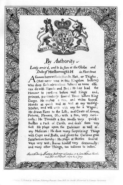 Calligraphic exhibition bill of Matthew Buchinger, 'Dwarf of Nurnburg', 1717, (1840). Artist: Matthew Buchinger
