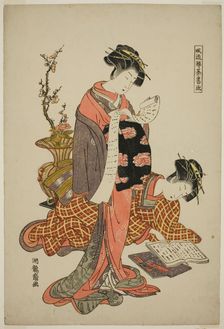 Calligraphy, from the series "Fashionable Versions of the Four Accomplishment..., c. 1776/81. Creator: Isoda Koryusai
