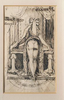 Callipyga. Lady with raised skirts, standing in front of a dressing table with phallic supports