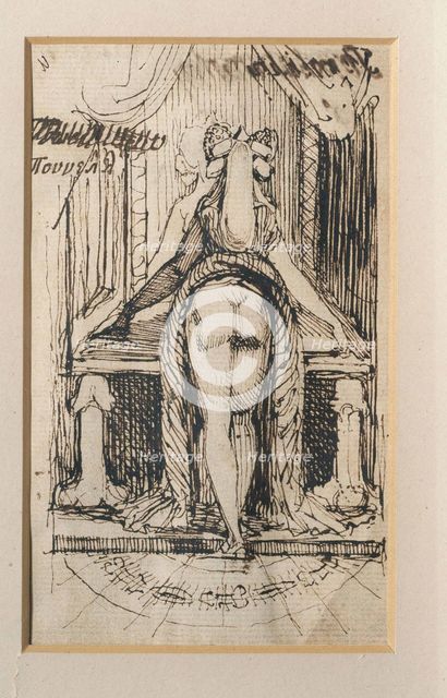 Callipyga. Lady with raised skirts, standing in front of a dressing table with phallic supports.