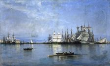 Calm in the Port of Valencia, 1875. Creator: Rafael Monleon