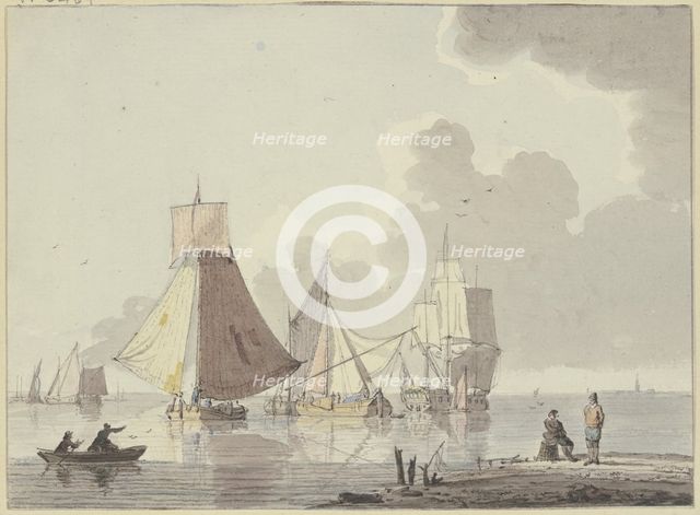 Calm sea with many ships, on the left a boat with two men, on the right on the shore..., 18th centur Creator: Hendrik Kobell.