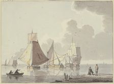 Calm sea with many ships, on the left a boat with two men, on the right on the shore..., 18th centur Creator: Hendrik Kobell