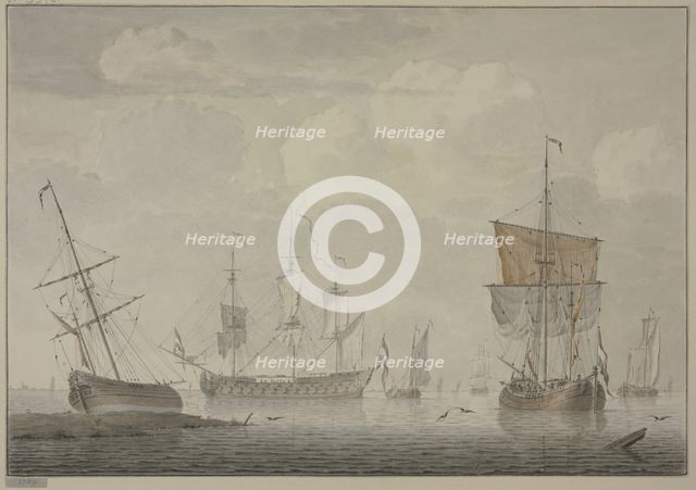 Calm sea with many ships, on the left a ship lies on the beach, 1769. Creator: Cornelis de Grient.