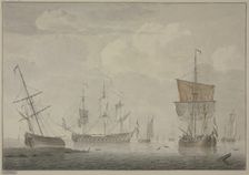 Calm sea with many ships, on the left a ship lies on the beach, 1769. Creator: Cornelis de Grient