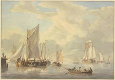 Calm sea with many ships, in the foreground a boat with three rowers and a woman, 19th century. Creator: Martinus Schouman