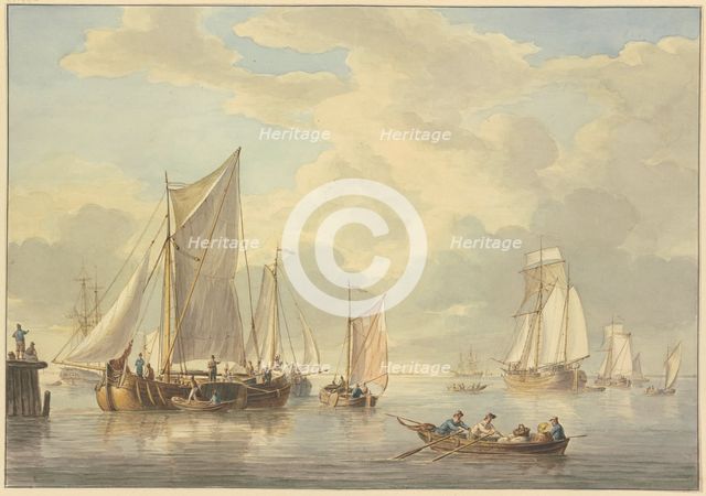 Calm sea with many ships, in the foreground a boat with three rowers and a woman, 19th century. Creator: Martinus Schouman.