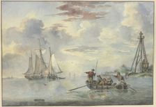 Calm sea, the sun rises, in the foreground a boat with several people heads towards..., 18th century Creator: Leendert de Koningh
