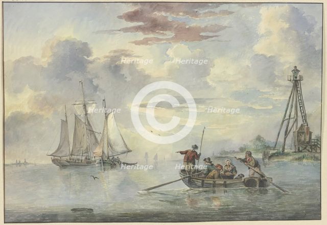 Calm sea, the sun rises, in the foreground a boat with several people heads towards..., 18th century Creator: Leendert de Koningh.