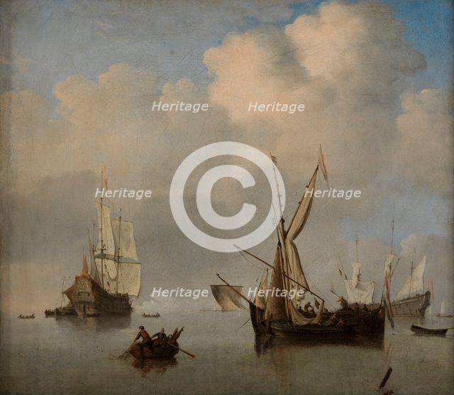 Calm sea: two small Dutch coasters at anchor alongside. Marine, c.1675. Creator: Willem van de Velde the Younger.