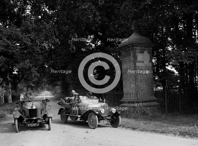 Calthorpe and Morris passing the Four Shire Stone, near Broadway, Worcestershire, c1920s. Artist: Bill Brunell.