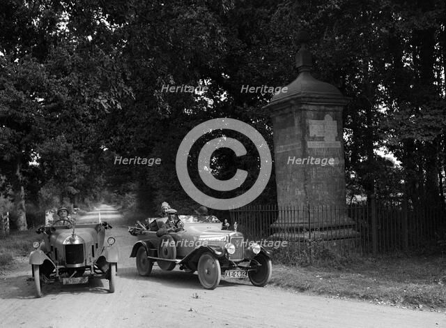 Calthorpe and Morris passing the Four Shire Stone, near Broadway, Worcestershire, c1920s. Artist: Bill Brunell.