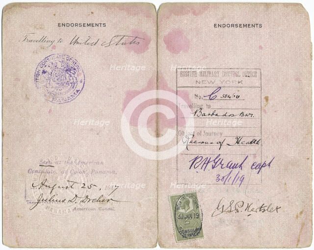 Caltilda Downes: Barbados Passport, interior, 1919. Creator: Unknown.