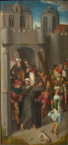 Calvary Triptych: Christ Carrying the Cross, left wing, 1480s. Creator: Memling, Hans, (workshop of)