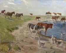 Calves and Geese at a Wateringhole on the Island of Saltholm, 1911. Creator: Theodor Esbern Philipsen