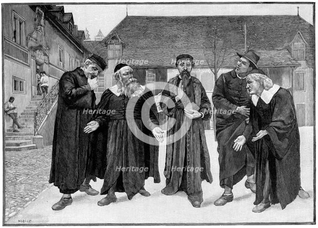 Calvin and the four syndics in the courtyard of the College of Geneva. Artist: Unknown