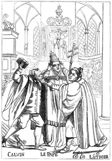 Calvin, Luther and the Pope fighting each other, published 1600