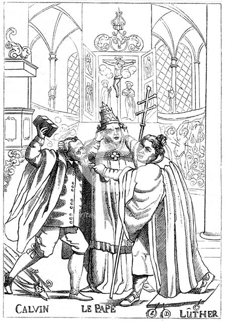 Calvin, Luther and the Pope fighting each other, published 1600. Artist: Unknown